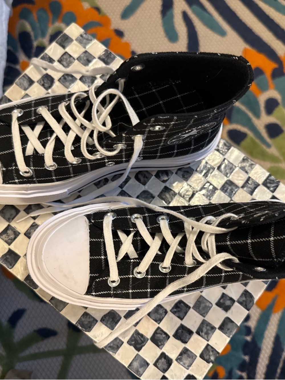 Black Grid High-Top Canvas Sneakers - Classic Lace-Up